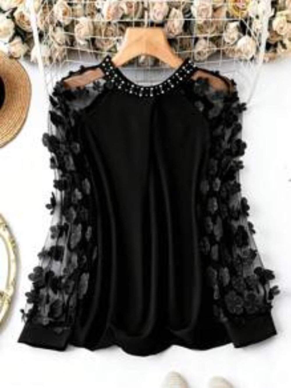 Rometta Plus Size Women Elegant Applique Mesh Splice with pearl like accents